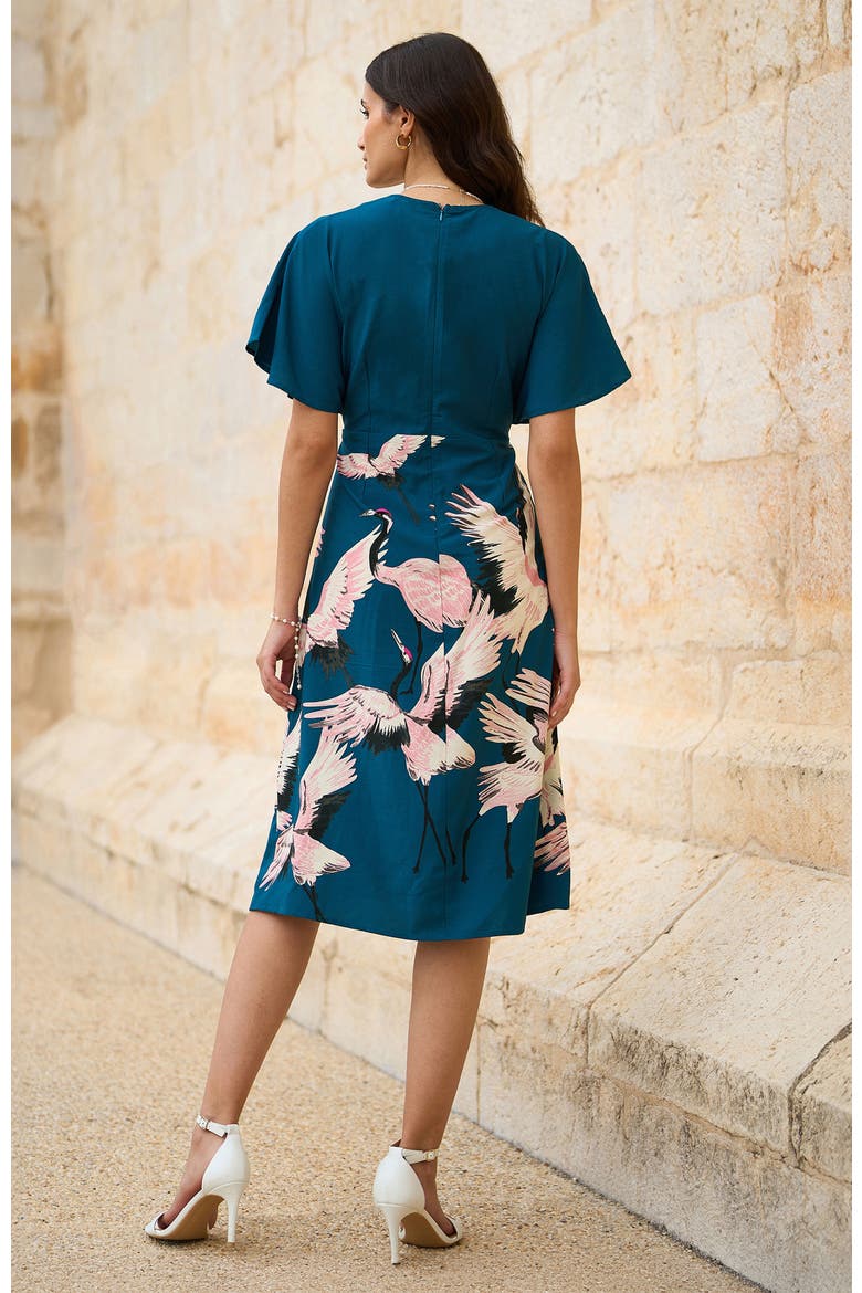 Crane Print Midi Dress, Alternate, color, Teal