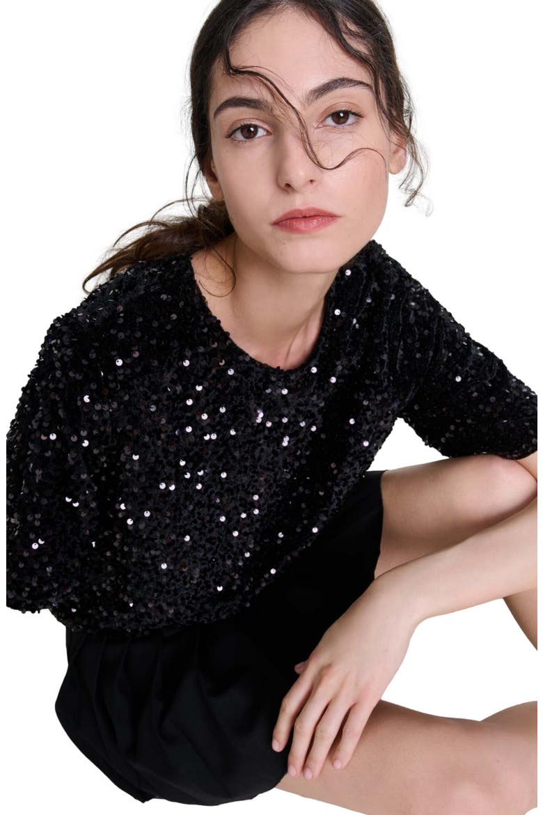 Sequinned velvet top, Alternate, color, Black