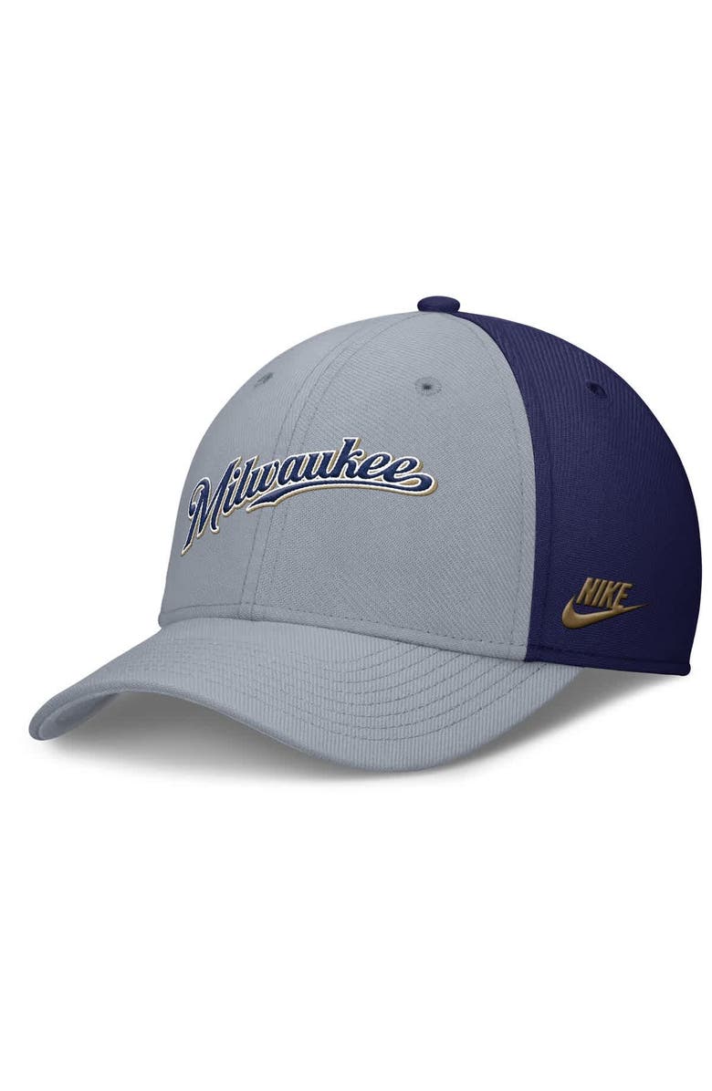 Nike Men's Nike Gray/Navy Milwaukee Brewers Rise Swoosh Performance Flex Hat, Alternate, color, Gray