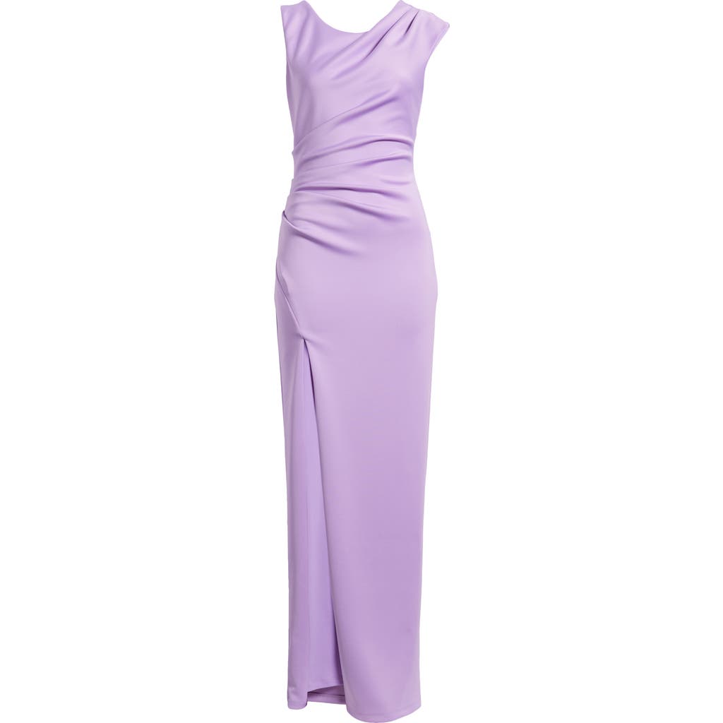 Black Halo Braden Pleated Side-slit Column Gown In Lilac