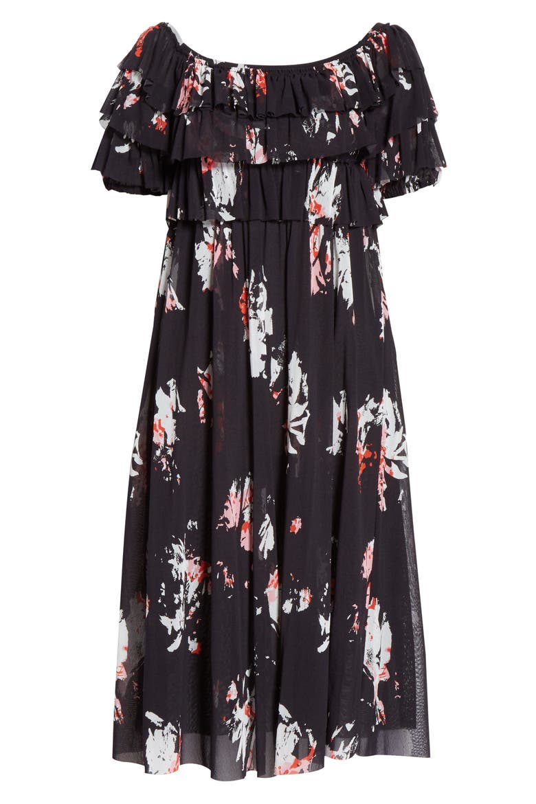 Ruffle Floral Print Off the Shoulder Tulle Dress, Alternate, color, NERO