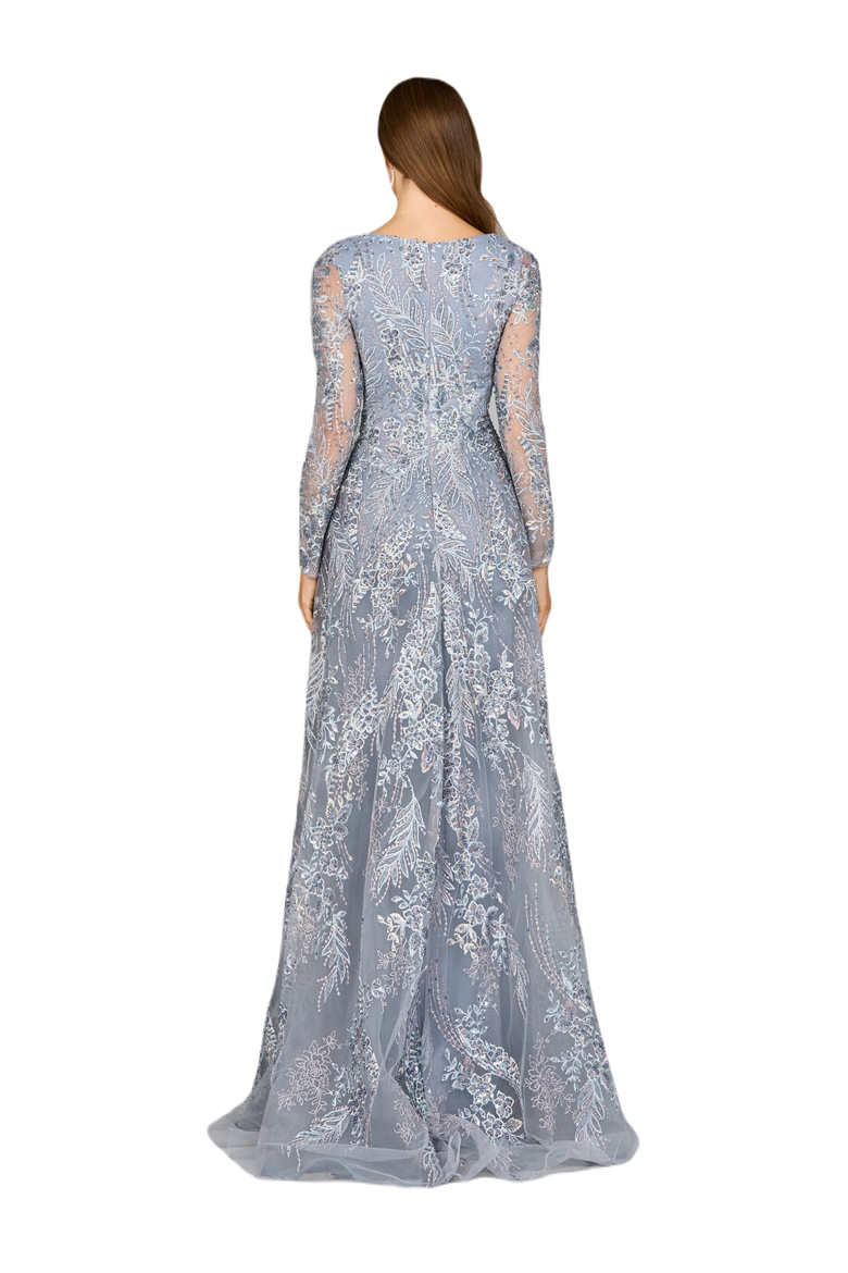 Lace Long Sleeve Gown with Overskirt, Alternate, color, SlateMulti