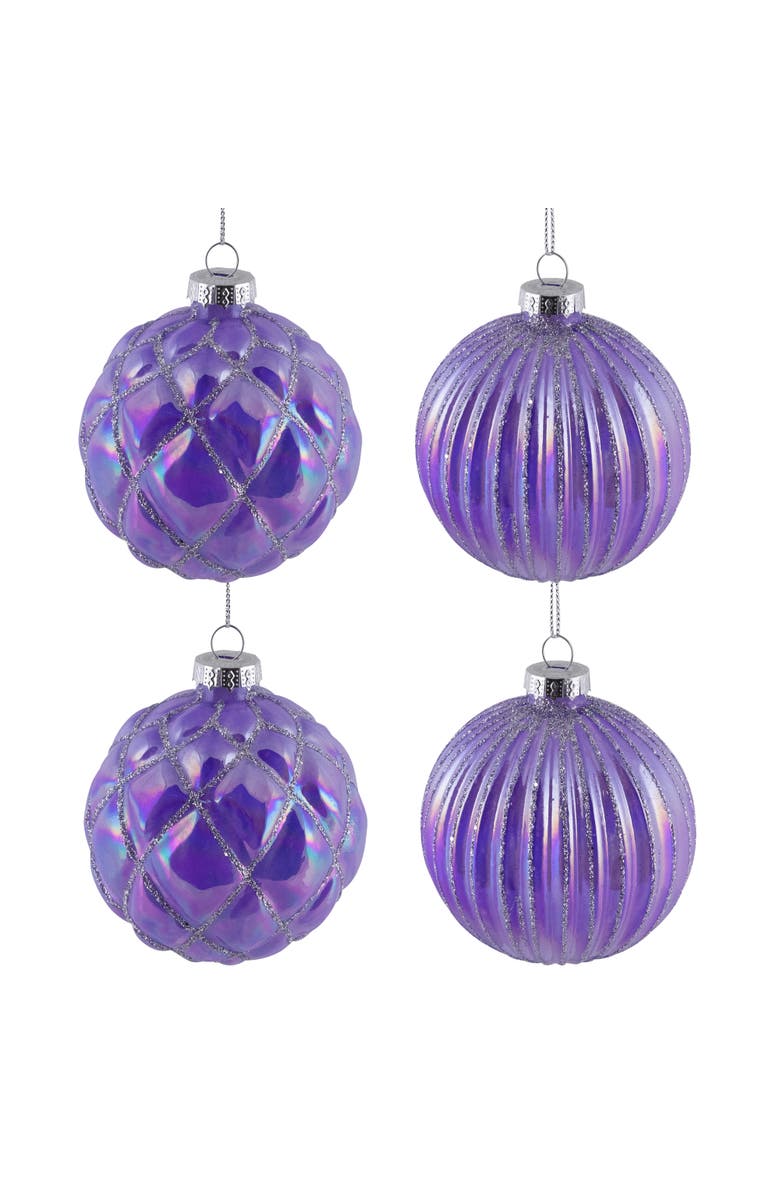 Northlight Shiny Glittered Iridescent Glass Ball Christmas Ornaments - 3" (80mm) - Purple  - 4ct, Main, color, Purple