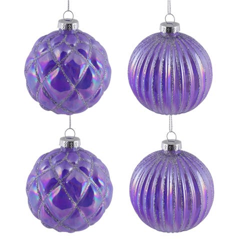 Shiny Glittered Iridescent Glass Ball Christmas Ornaments - 3" (80mm) - Purple  - 4ct