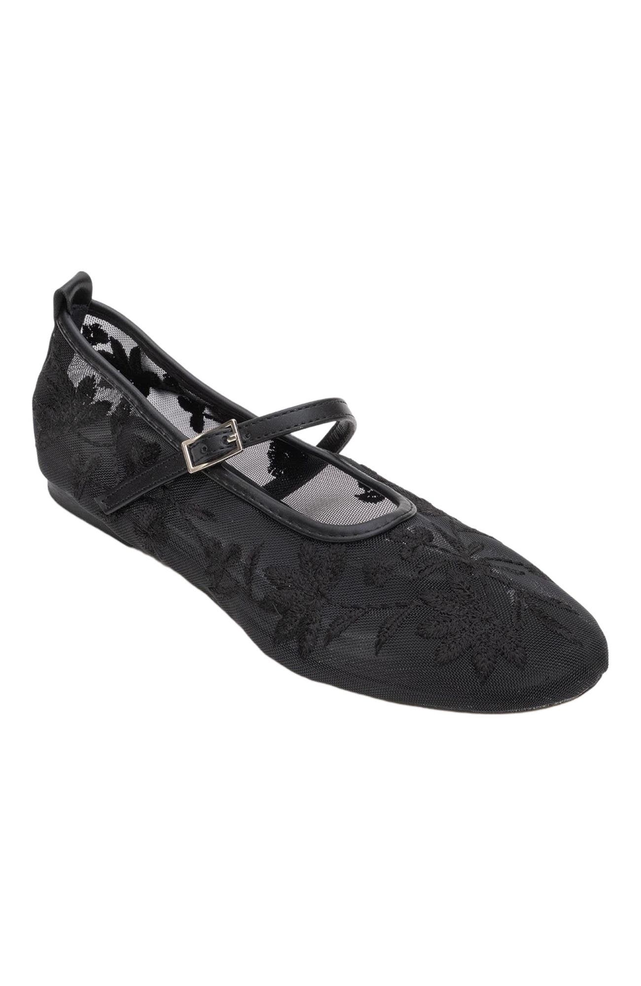 Prologue Shoes Juny Mesh Floral Embroidery Ballet Flat, Alternate, color, Black Faux Leather