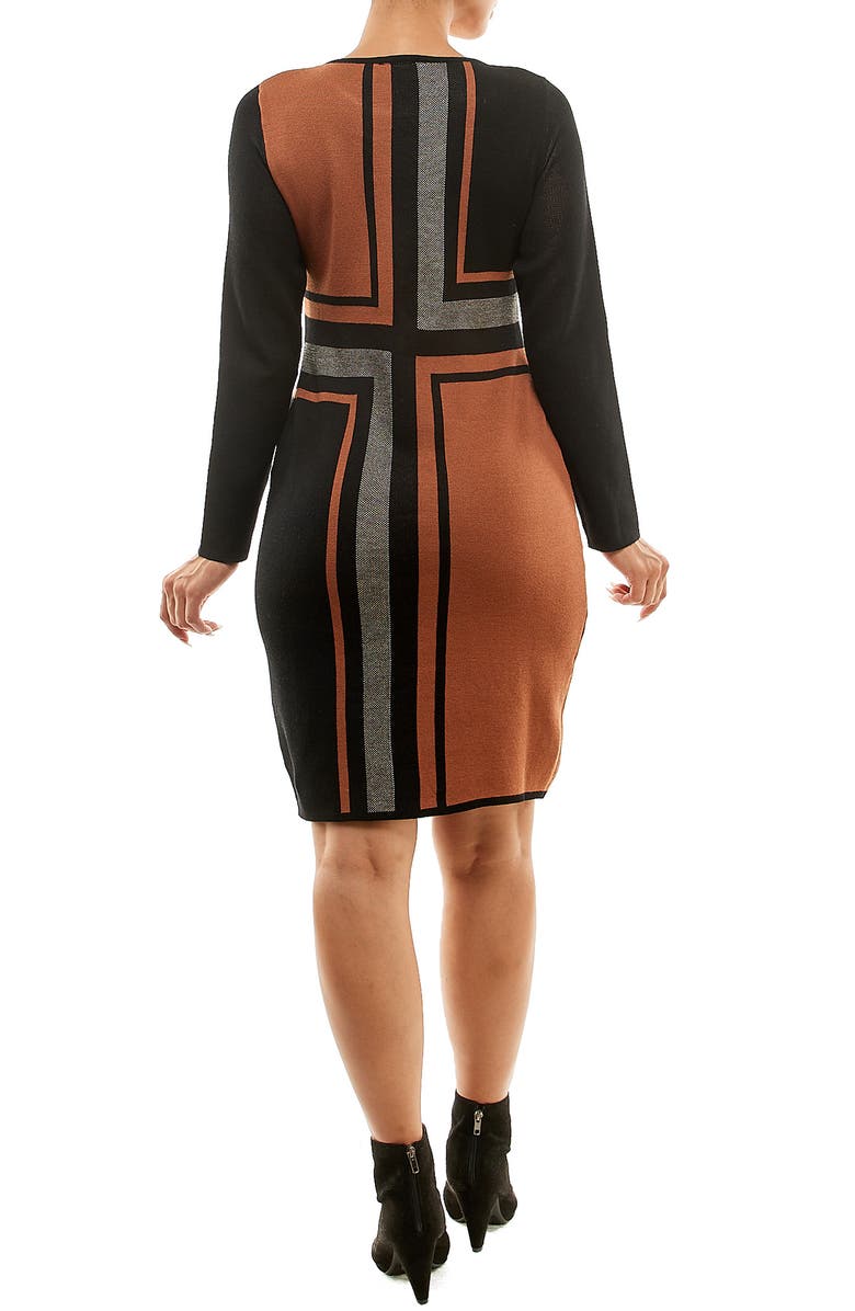 Nina Leonard Long Sleeve Sweater Dress, Alternate, color, Black/ Cognac/ Tan