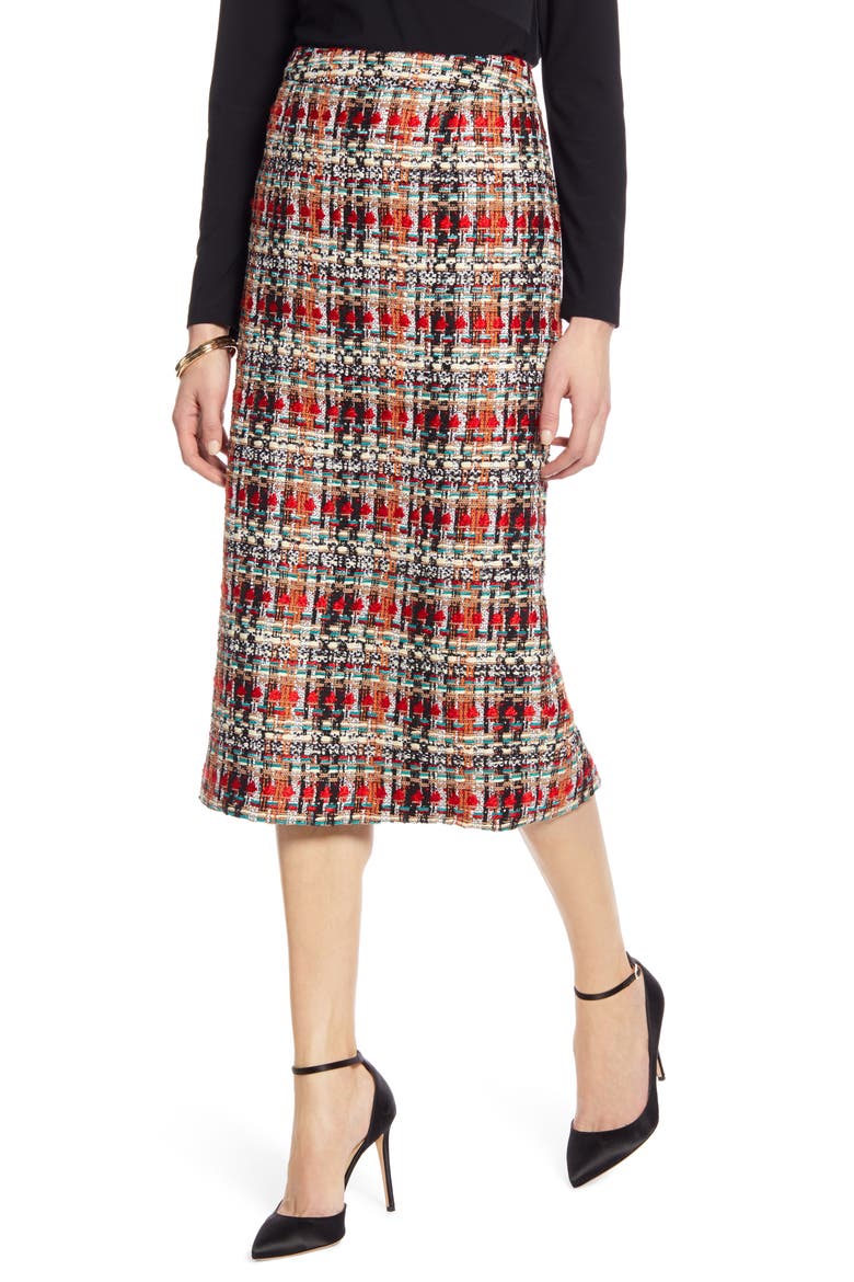 Tweed Pencil Skirt, Main, color, BLACK- RED TWEED