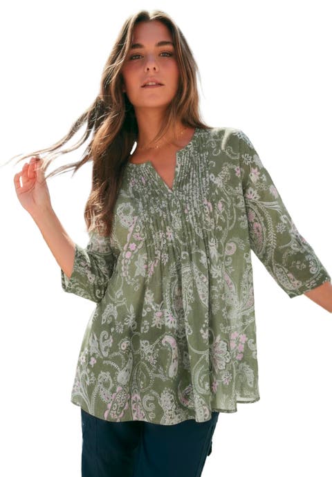 Plus Size Tara Pleated Shirt Adjustable 3/4 Sleeve Swing Tunic With Notch Collar