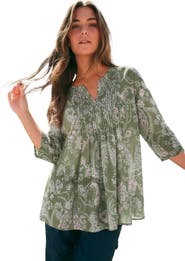 Roaman's Plus Size Tara Pleated Shirt Adjustable 3/4 Sleeve Swing Tunic With Notch Collar
