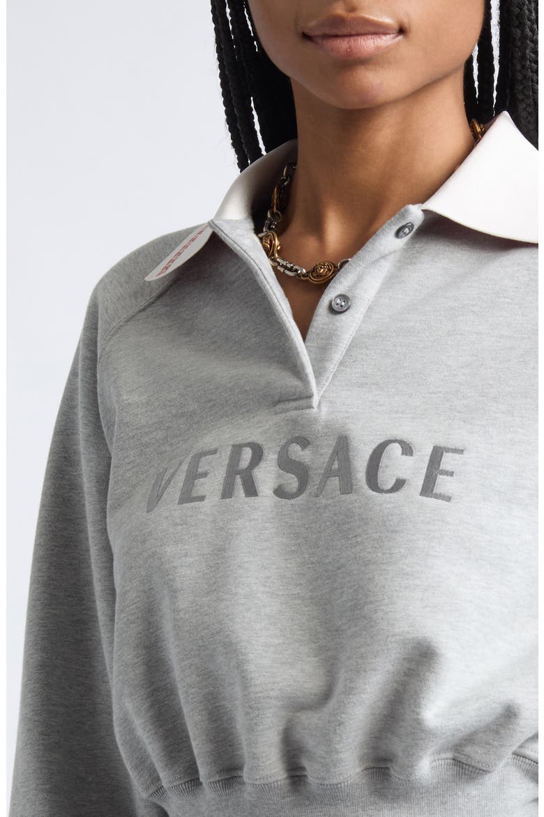 Embroidered Logo Greca Collar Cotton Fleece Crop Polo Sweatshirt, Alternate, color, GREY MELANGE WHITE