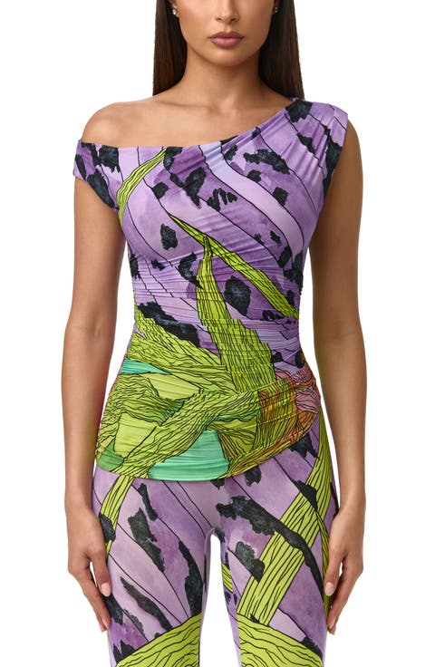 Print Ruched One-Shoulder Top