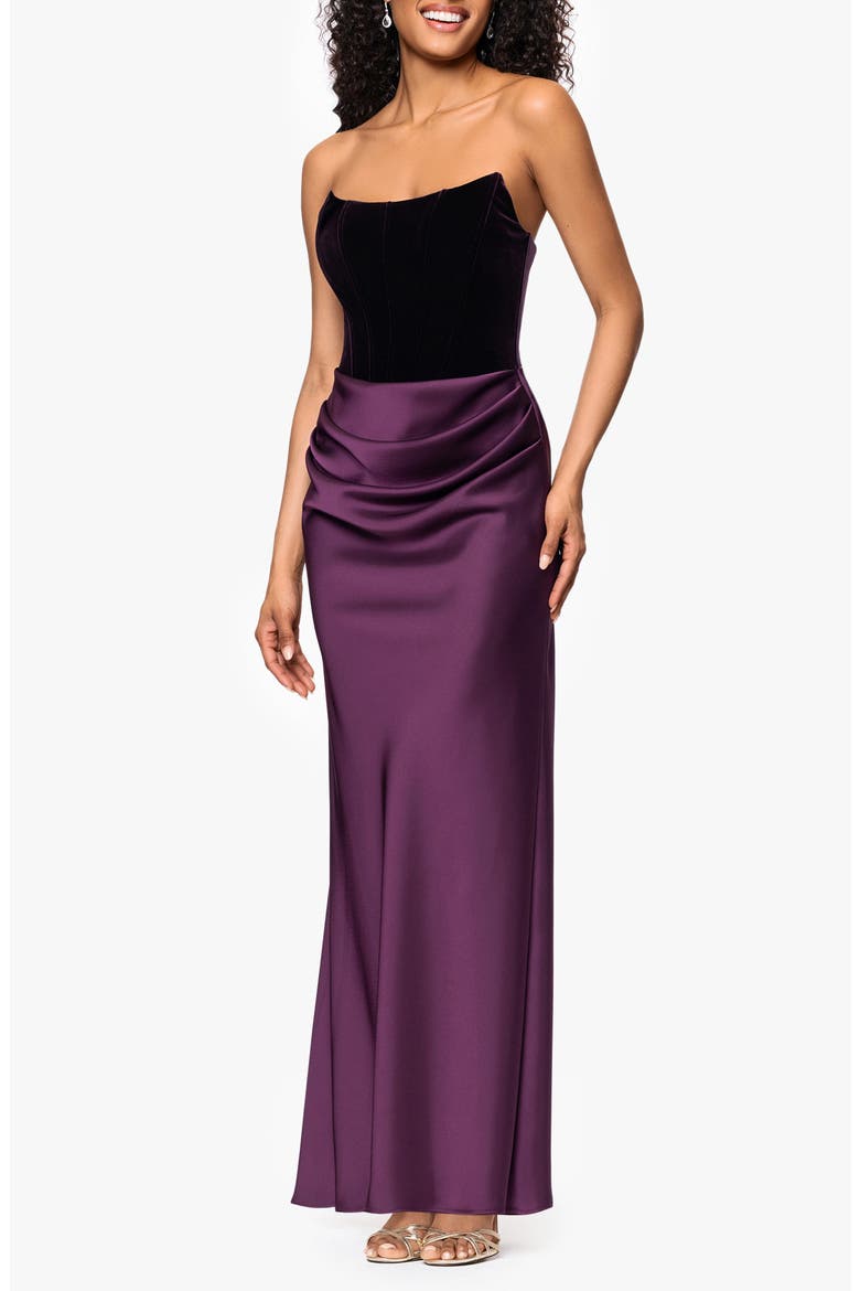 satin and velvet dress After Six Women's Back Bow Strapless Velvet Gown - Black