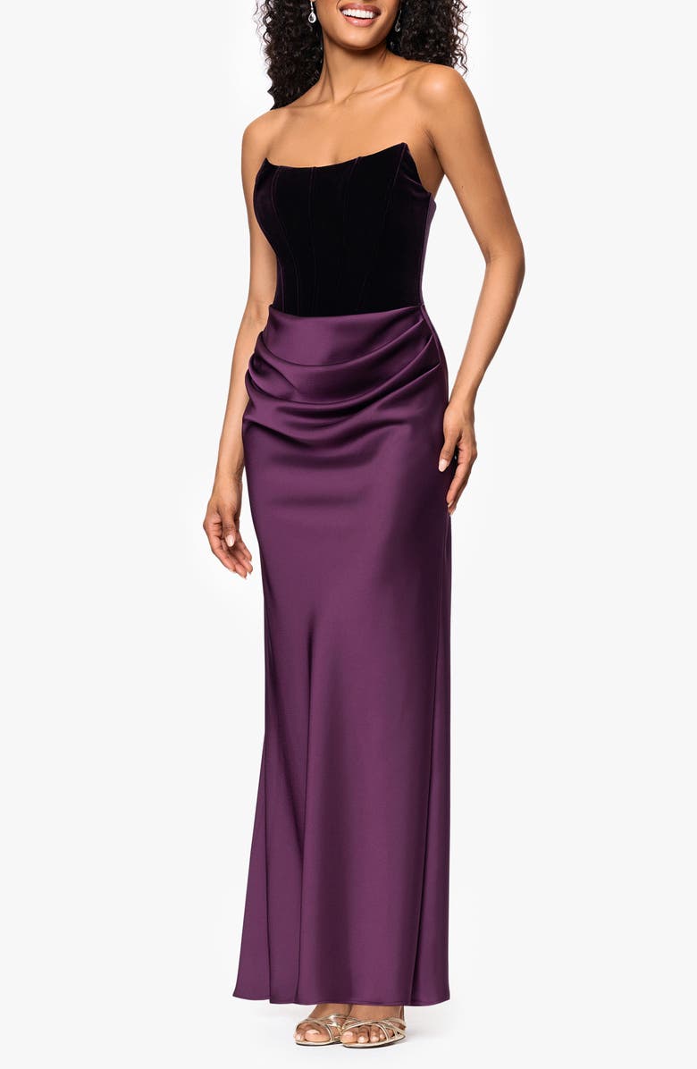 Betsy & Adam Strapless Velvet & Satin Dress, Alternate, color, Plum