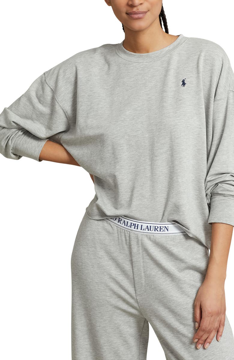 Polo Ralph Lauren Sweatshirt & Wide Leg Pajamas, Alternate, color, Heather Grey
