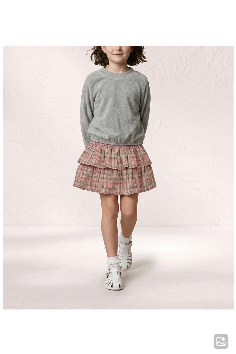 Kids' French Terry Top and Plaid Skirt Set, Alternate, color, GRAY/ PINK