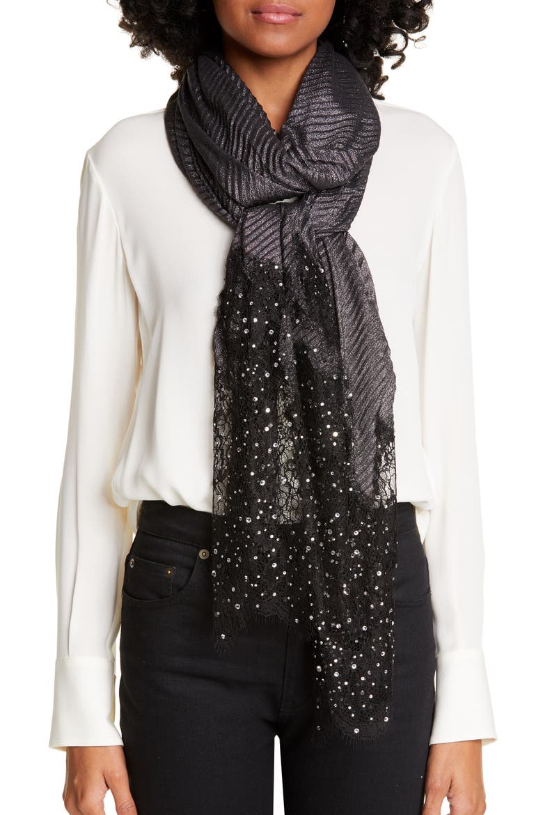 Valentino Crystal Embellished Lace Metallic Plissé Scarf, Main, color, NERO