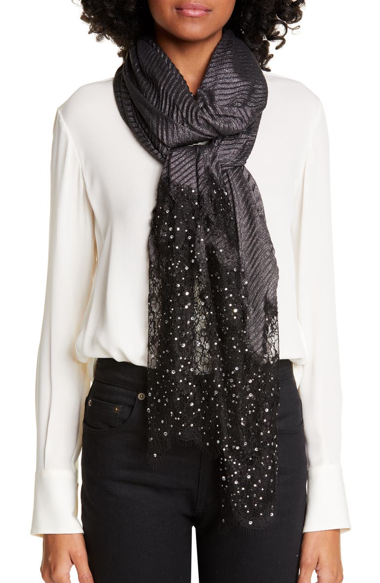 Valentino Garavani Valentino Crystal Embellished Lace Metallic Plissé Scarf, Main, color, 