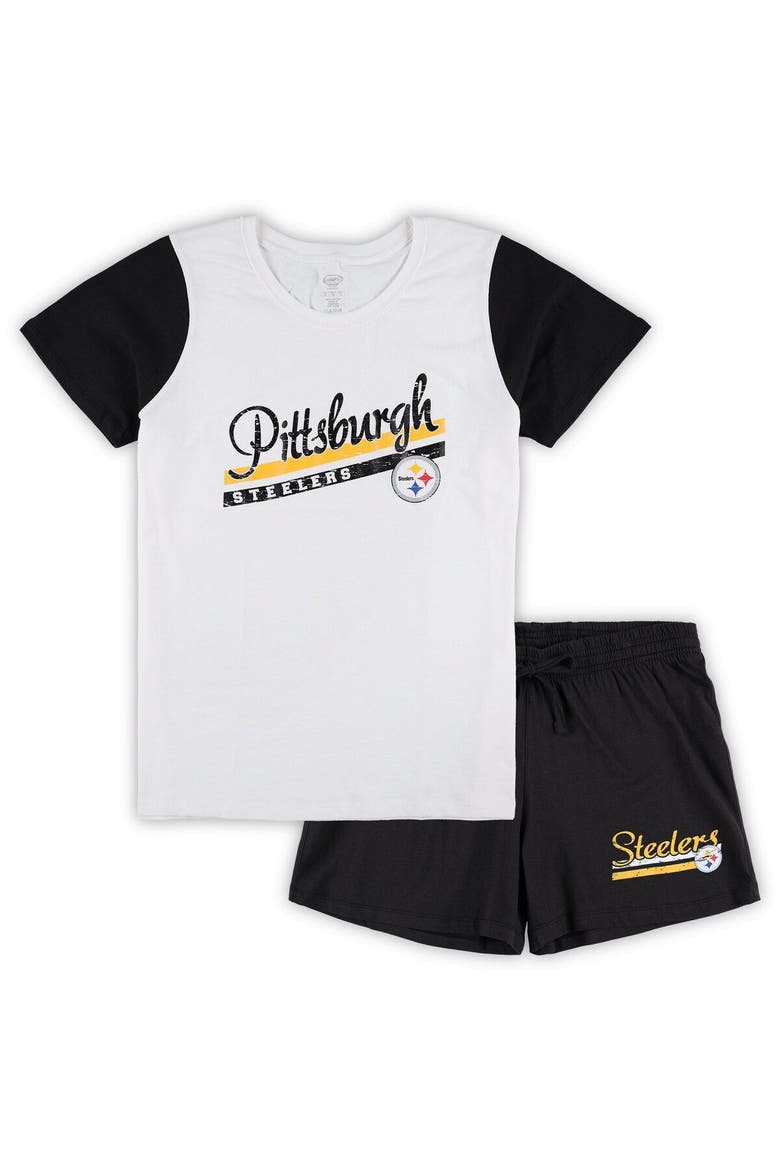 Women's Concepts Sport White/Black Pittsburgh Steelers Plus Size Downfield T-Shirt & Shorts Sleep Set, Main, color, White