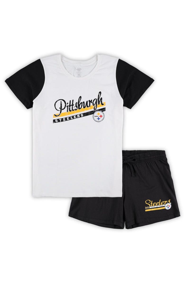 CONCEPTS SPORT Women's Concepts Sport White/Black Pittsburgh Steelers Plus Size Downfield T-Shirt & Shorts Sleep Set, Main, color,