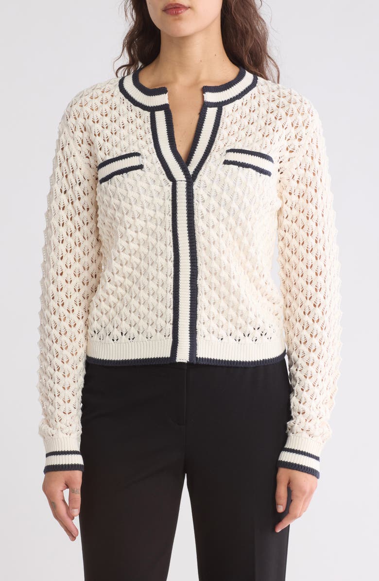 Laundry by Shelli Segal Crochet Stitch Knit V-Neck Sweater, Main, color, 