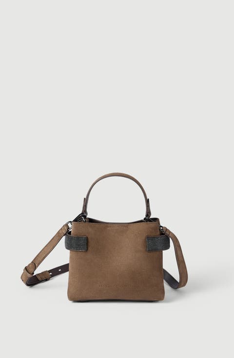 Essence small top-handle bag in suede with precious bands