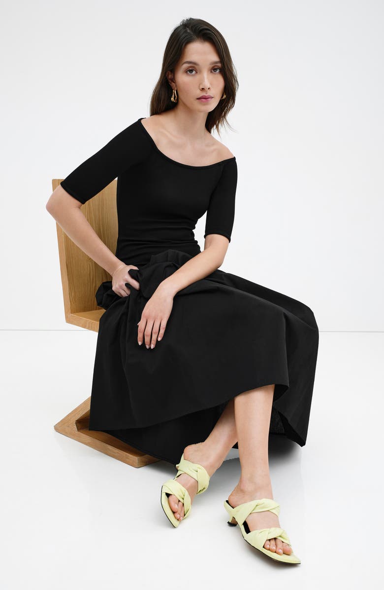 Marcella Mila Off the Shoulder Mixed Media Maxi Dress, Alternate, color, Black