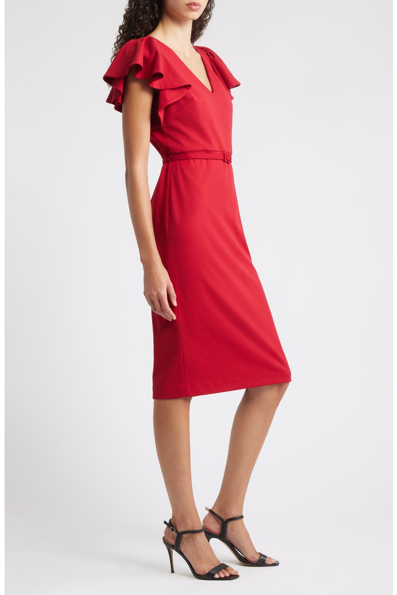 Belted Flutter Sleeve Sheath Dress, Alternate, color, TITIAN RED