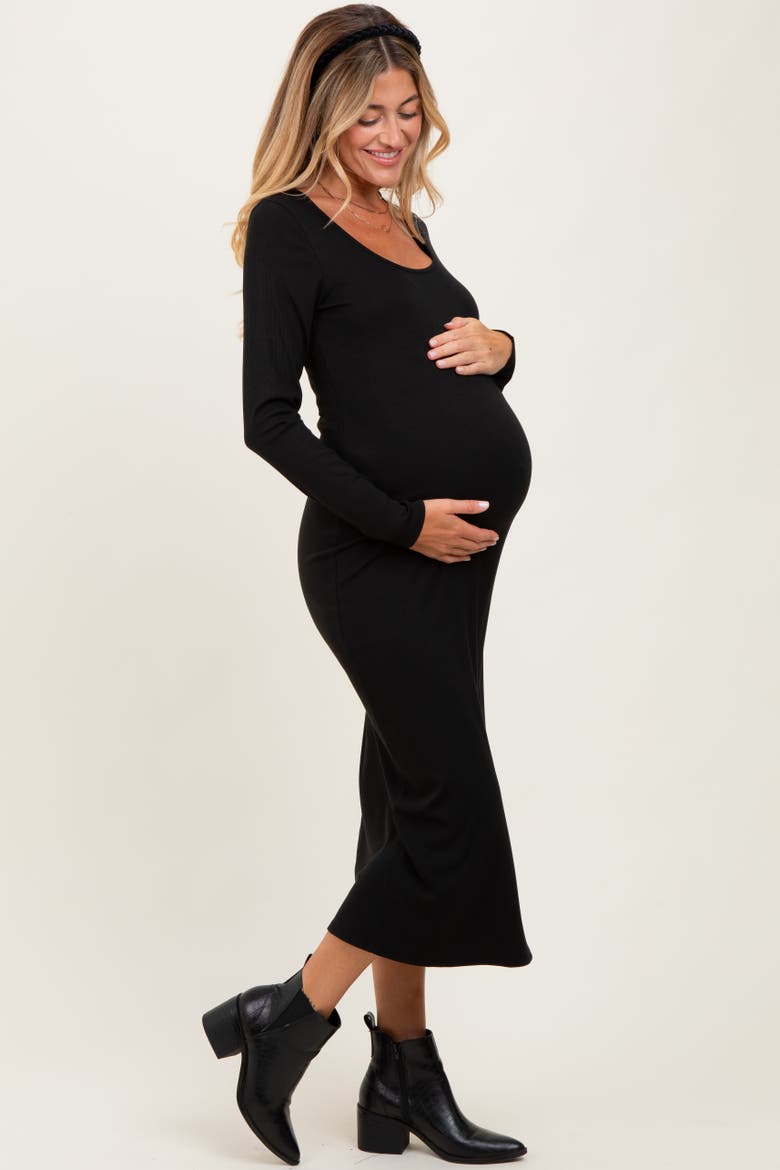 Scoop Neck Long Sleeve Midi Dress, Alternate, color, Black