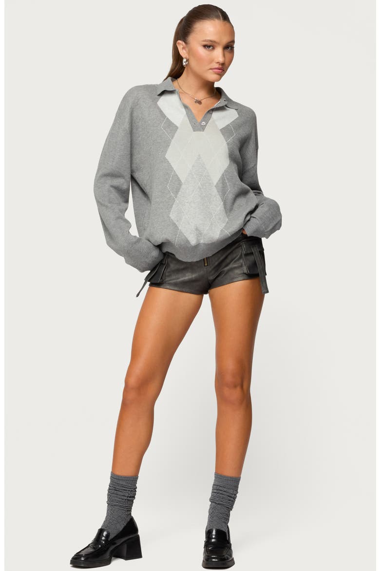 Kati Argyle Oversize Cotton Polo Sweater, Alternate, color, GRAY-MELANGE