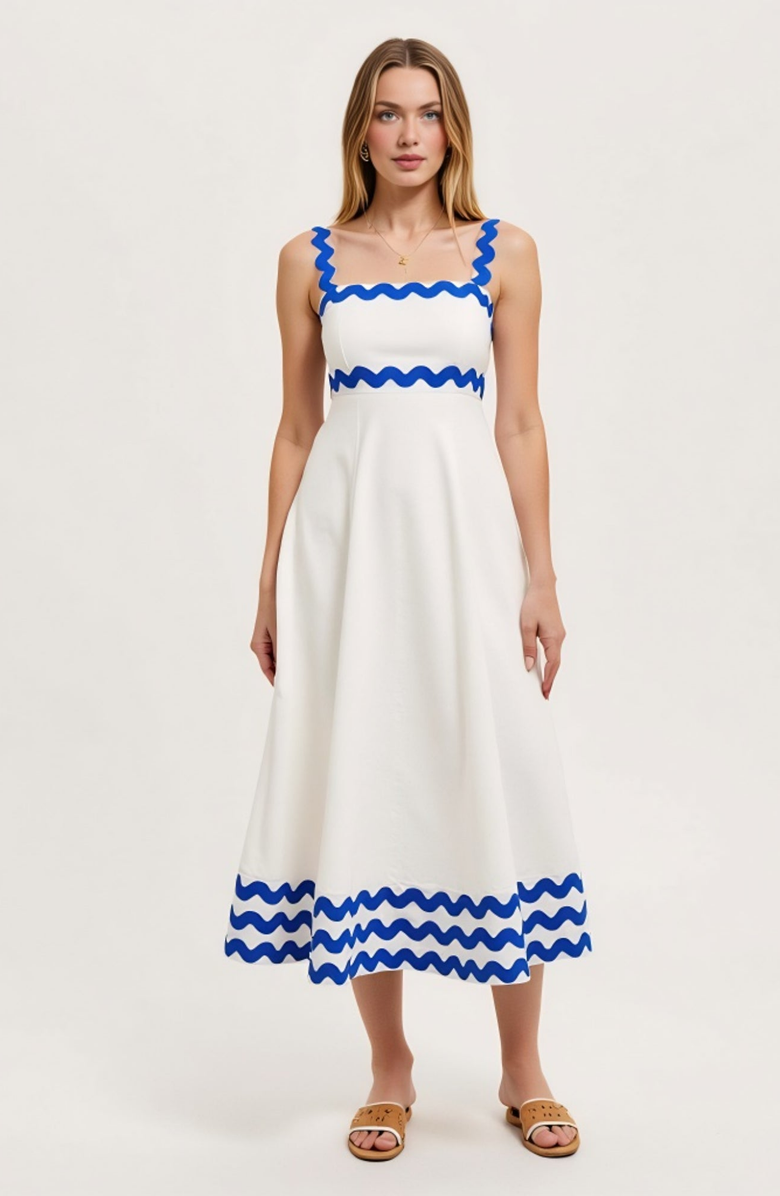 Modenaire Scalloped Strap Wave Trim A-Line Maxi Dress, Alternate, color, White / Blue Wave