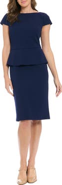 London Times Cap Sleeve Peplum Sheath Midi Dress