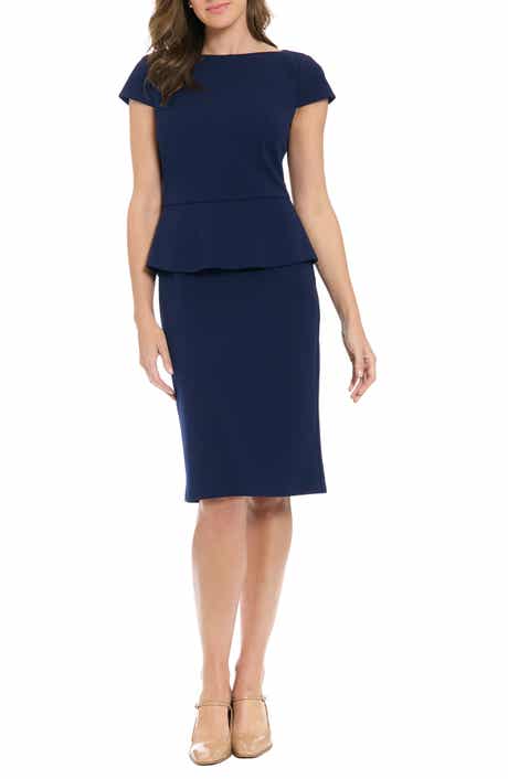 London Times Cap Sleeve Peplum Sheath Midi Dress