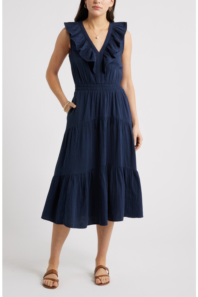 Ruffle Sleeveless Tiered Cotton Midi Dress, Main, color, NAVY STILL