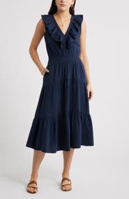 Caslon® Ruffle Sleeveless Tiered Cotton Midi Dress