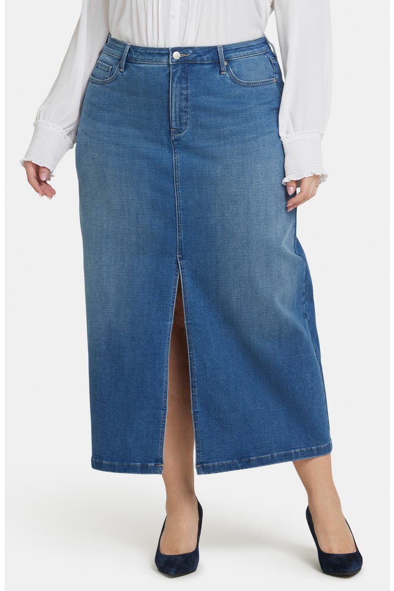 High Waist Slit Front Denim Maxi Skirt, Main, color, FAIRMONT