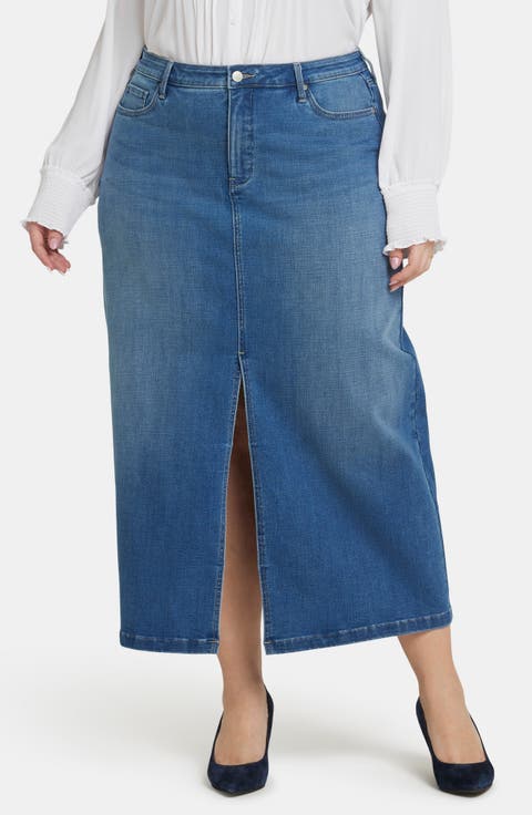 High Waist Slit Front Denim Maxi Skirt (Fairmont) (Plus)