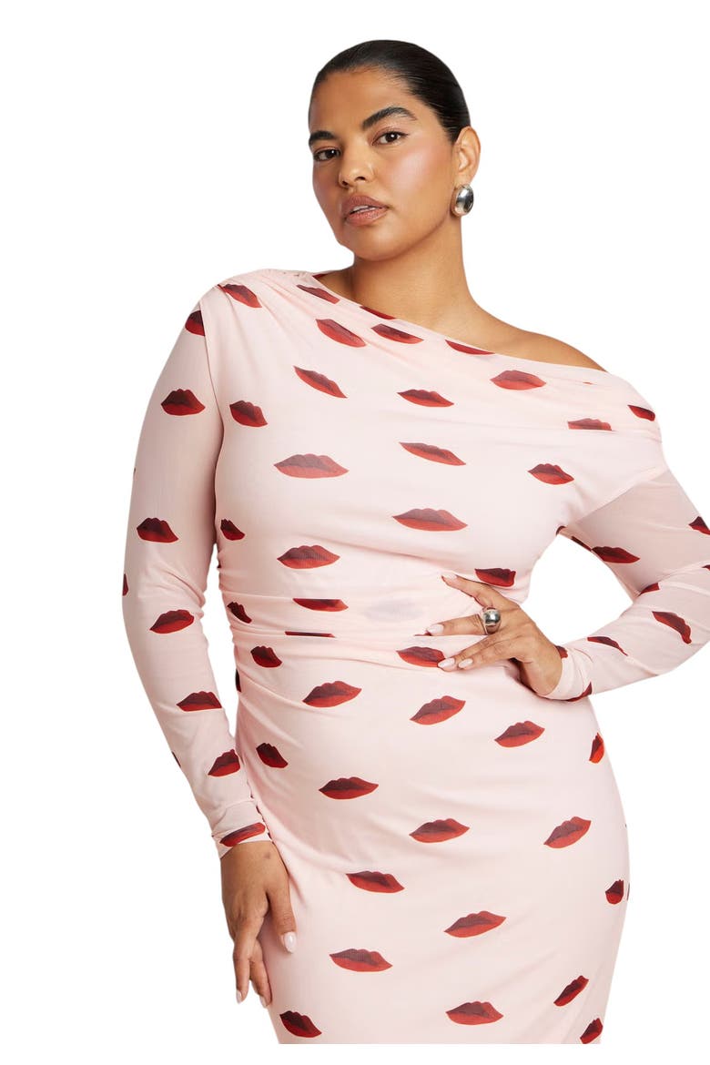 Asym Neck Printed Mesh Dress, Alternate, color, ROUGE LOVERS