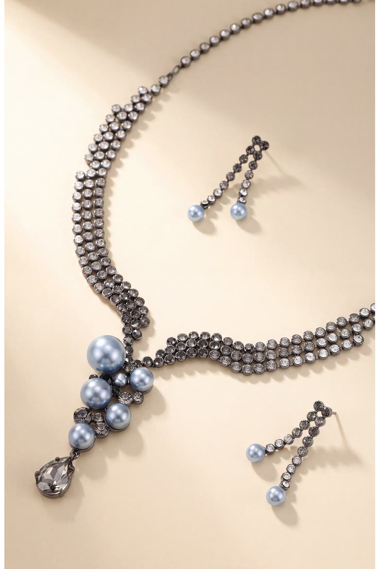 Pearl Crystal Trickling Necklace and Earring Set, Alternate, color, Gunmetal