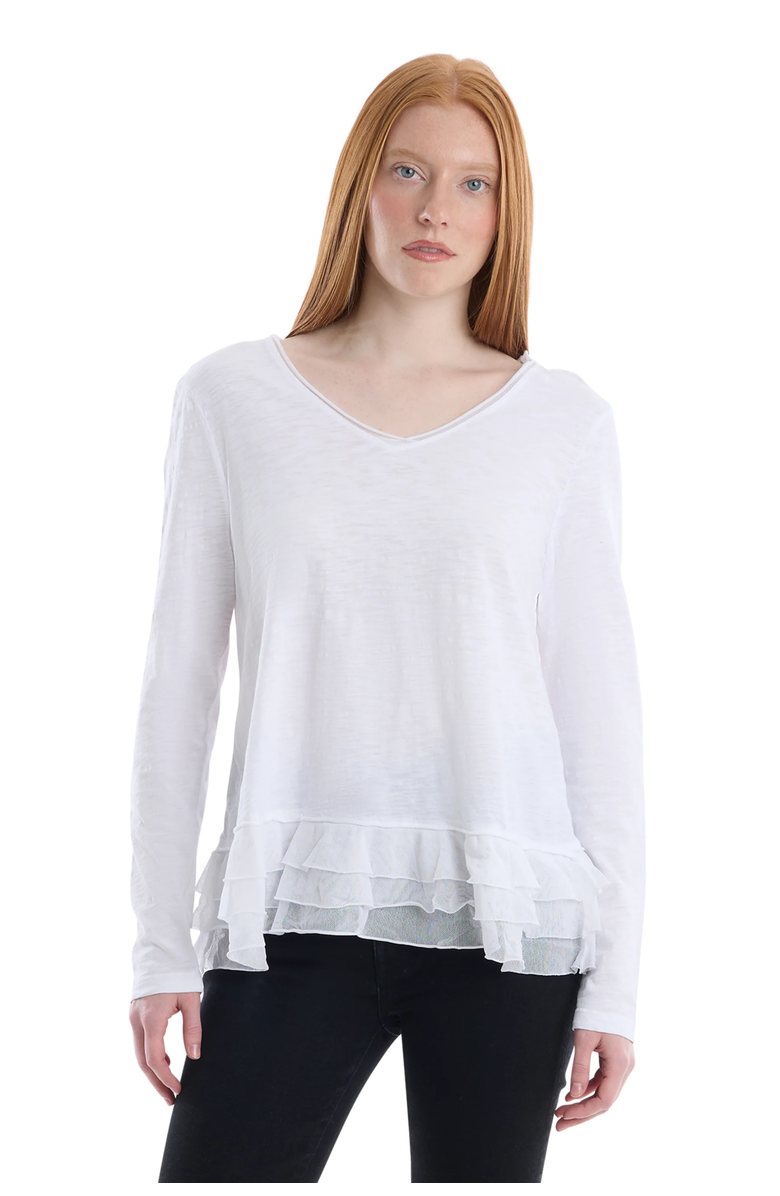 WILT Clothing V-Neck Mixed Media Long Sleeve Tee With Ruffle Hem, Main, color, White