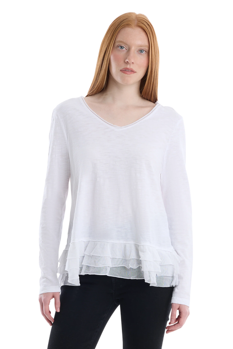 V-Neck Mixed Media Long Sleeve Tee With Ruffle Hem