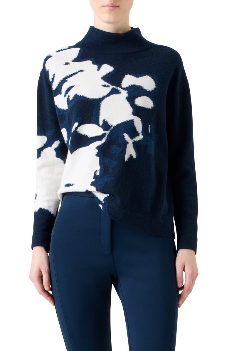 Akris Wildflower Intarsia Cashmere Mock Neck Sweater, Main, color, Navy-Ecru