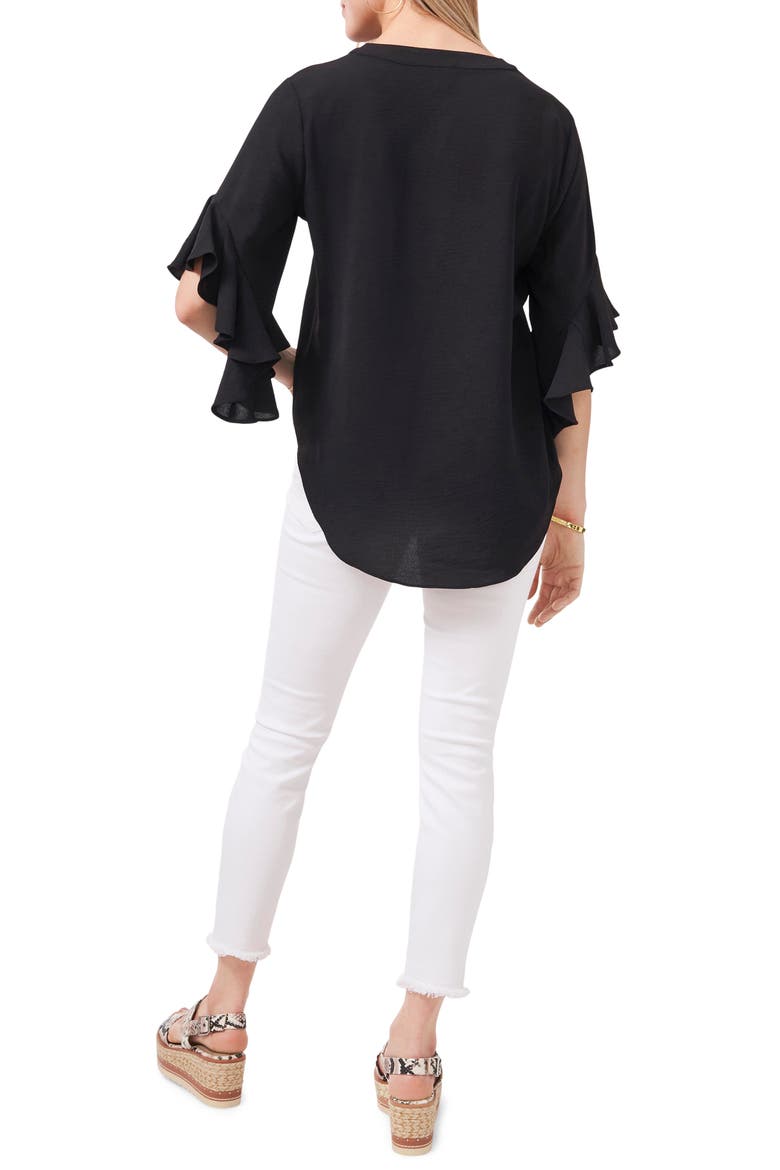 Flutter Sleeve Henley Blouse, Alternate, color, RICH BLACK