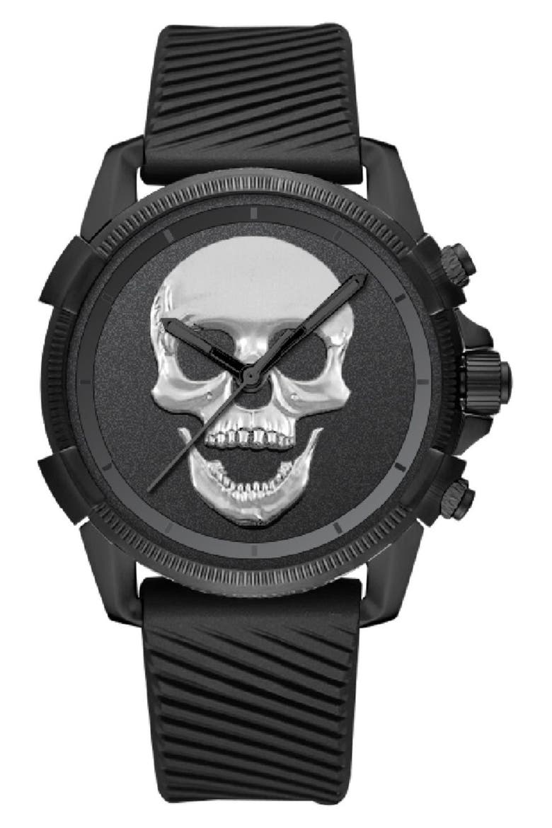 x Ed Hardy Skull Silicone Strap Watch, 40mm, Main, color, MATTE SILVER/ BLACK