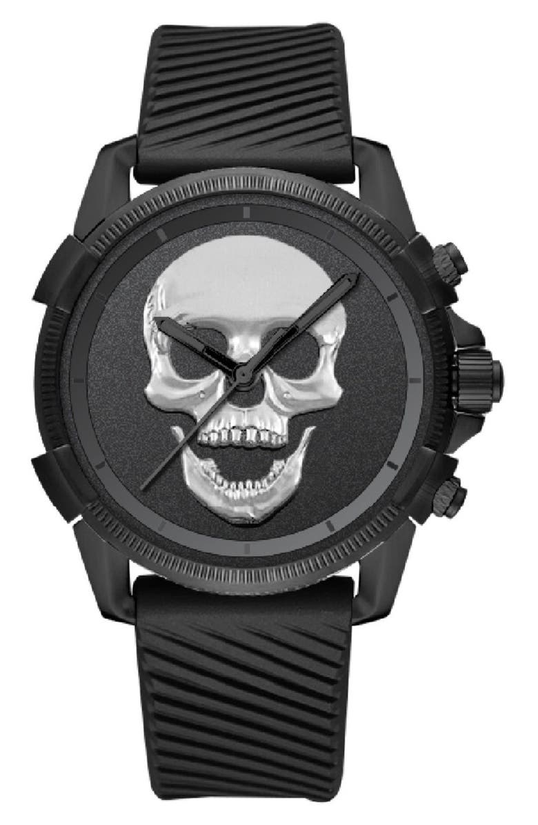 I TOUCH x Ed Hardy Skull Silicone Strap Watch, 40mm, Main, color, Matte Silver/ Black