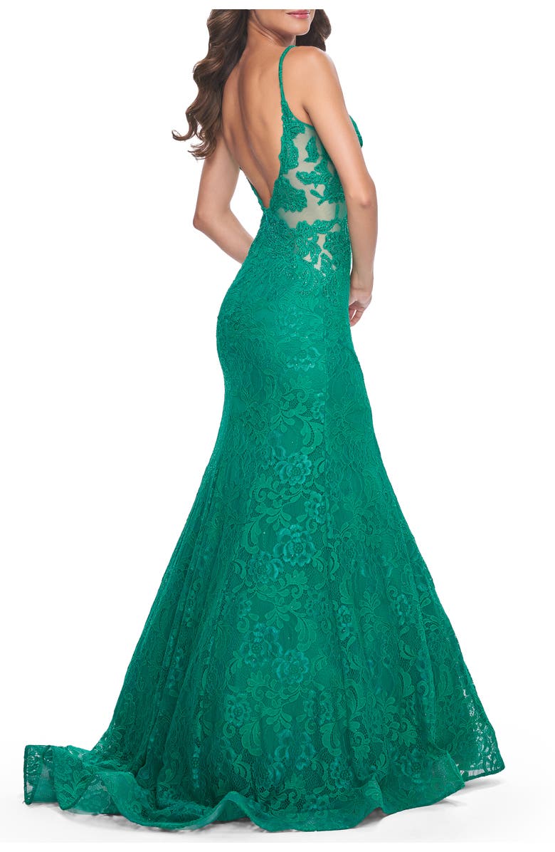 La Femme Long Mermaid Lace Dress with Back Rhinestone Detail, Alternate, color, Jade