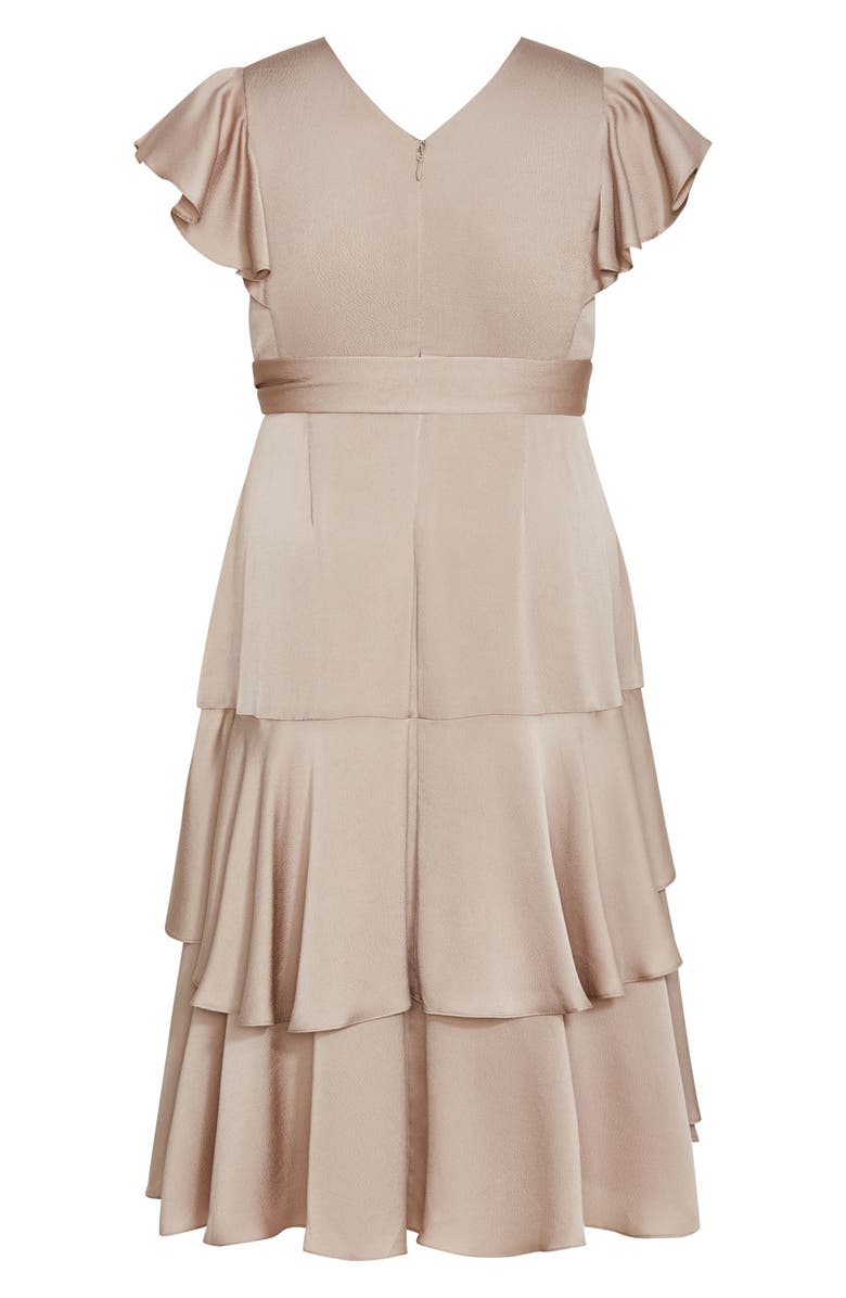 City Chic Jen Ruffle Faux Wrap Satin Dress, Alternate, color, Simply Taupe