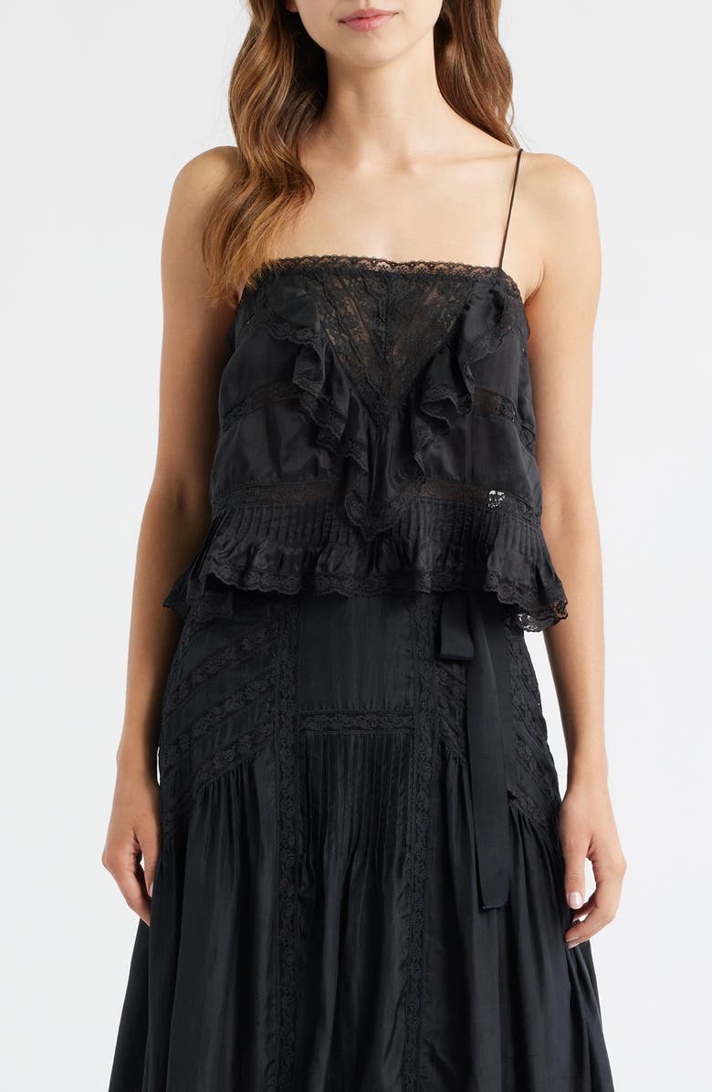 LoveShackFancy Ondeline Ruffle & Lace Silk Camisole, Main, color, Black