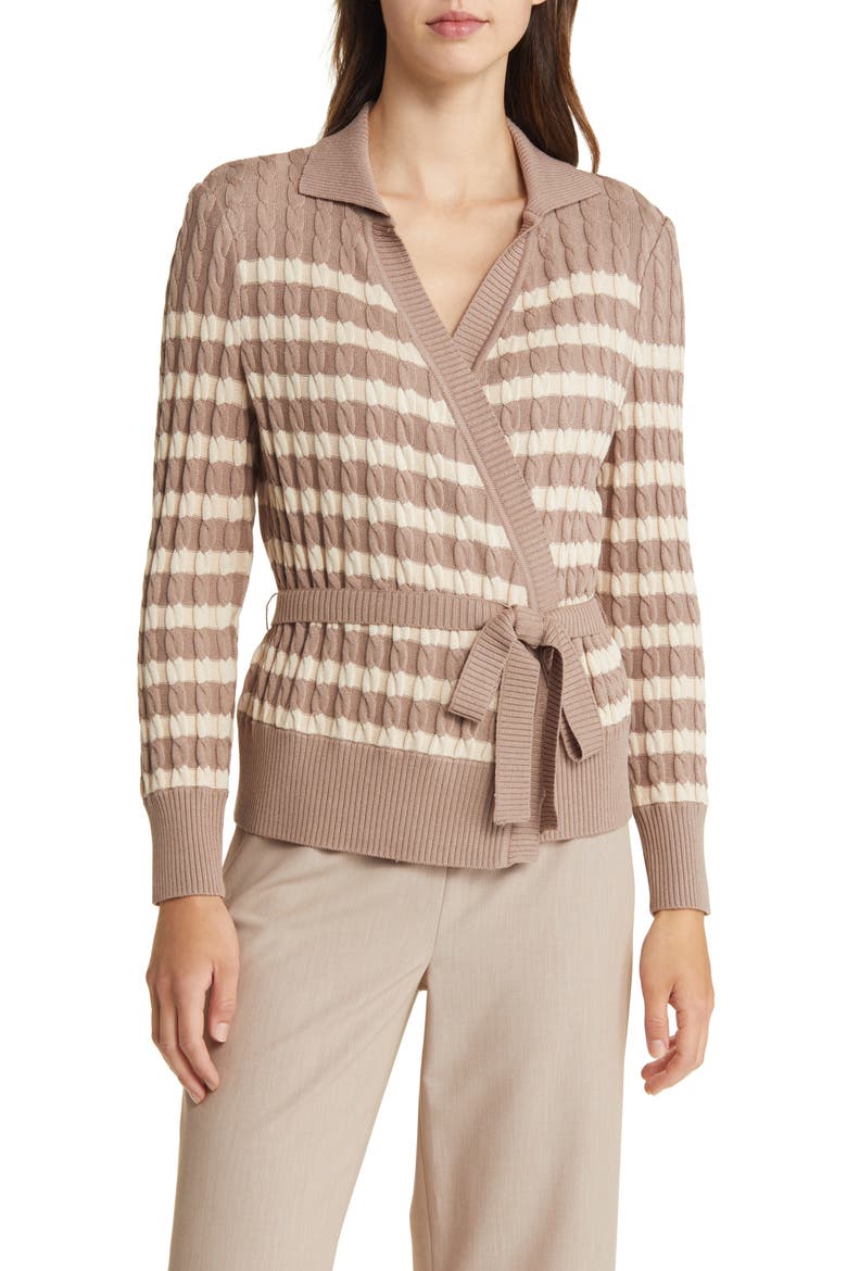 Stripe Tie Waist Cardigan, Main, color, MACCHIATO/BISCOTTI