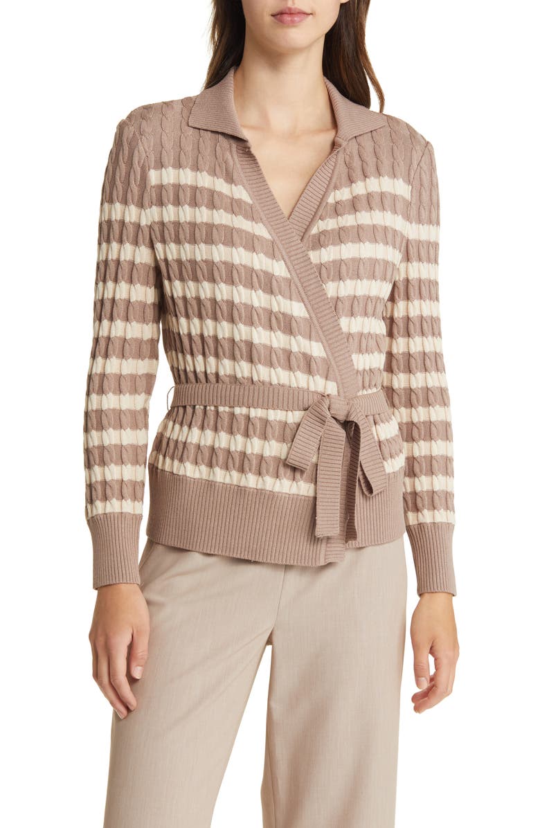 Misook Stripe Tie Waist Cardigan, Main, color, Macchiato/Biscotti