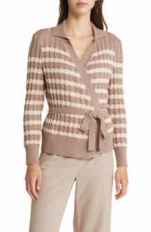 Misook Stripe Tie Waist Cardigan